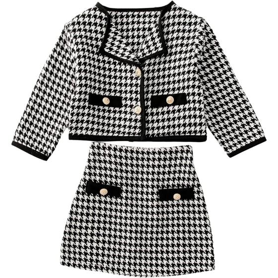 WDIRARA Toddler Girl's 2 Piece Houndstooth Button Front Long Sleeve Round Neck Jacket and Skirt Outfits Set