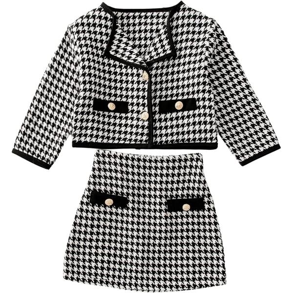 WDIRARA Toddler Girl's 2 Piece Houndstooth Button Front Long Sleeve Round Neck Jacket and Skirt Outfits Set