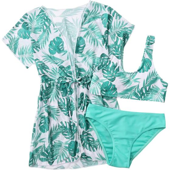 SOLY HUX Girl's Tropical Print Bikini Bathing Suit with Kimono 3 Piece Swimsuits