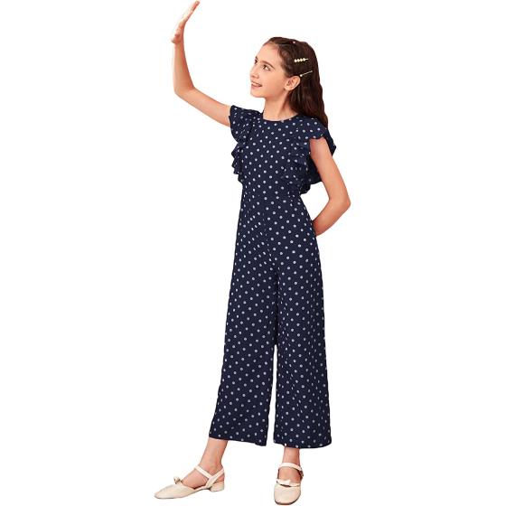 WDIRARA Girl's Polka Dots Ruffle Trim Cap Sleeve Round Neck Wide Leg Jumpsuit