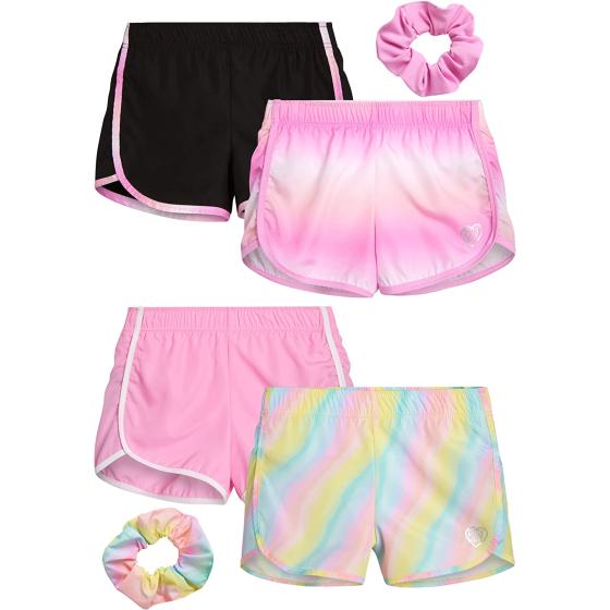 Body Glove Girls' Shorts - 4 Pack Athletic Performance Dry Fit Dolphin Gym Shorts, Scrunchie (7-12)