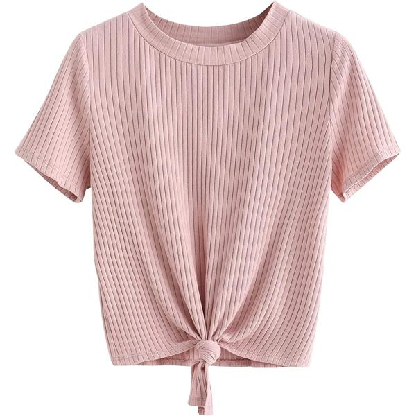 Romwe Women's Cute Knot Front Solid Ribbed Tee Crop Top T-Shirt