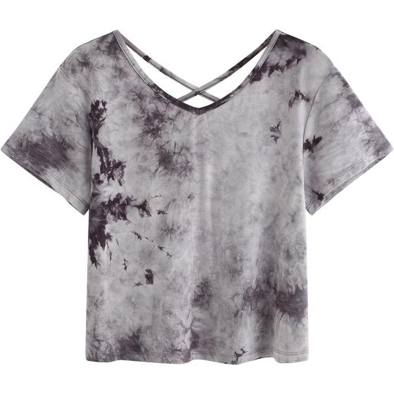 SweatyRocks Women's Tie Dye Criss Cross Back Short Sleeve Crop Summer T Shirt