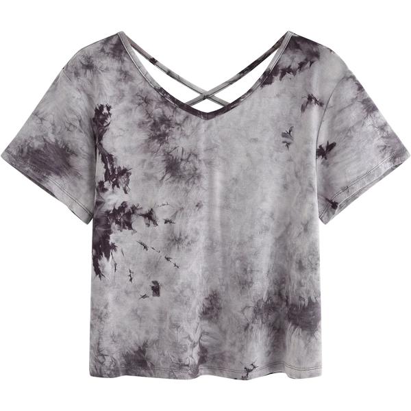 SweatyRocks Women's Tie Dye Criss Cross Back Short Sleeve Crop Summer T Shirt