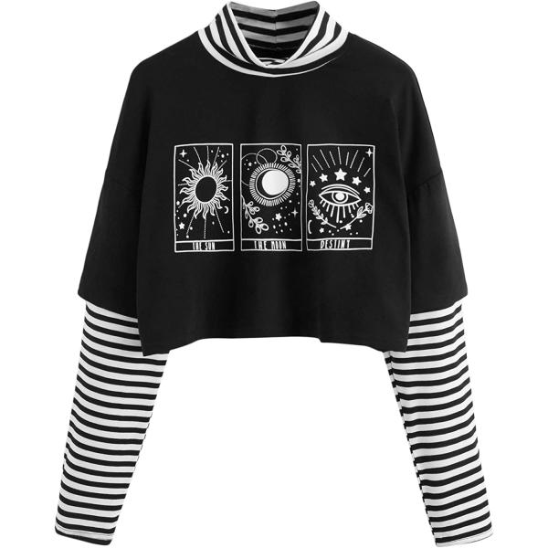SweatyRocks Women's Color Block Butterfly Print Striped Long Sleeve Crop Top T Shirt