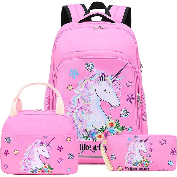 BTOOP Girls Backpack for Kids Elementary Bookbag Girly School Bag with Insulated Lunch Tote and Pencil Pouch for Children (Light Pink - 3 Pices)