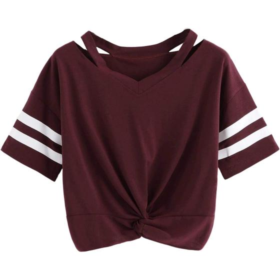 SweatyRocks Women's Short Sleeve Cut Out V Neck Twist Front Crop Top T-Shirt