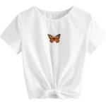 Romwe Girl's Casual Butterfly Print Short Sleeve Tie Knot Front T Shirt Tee Tops