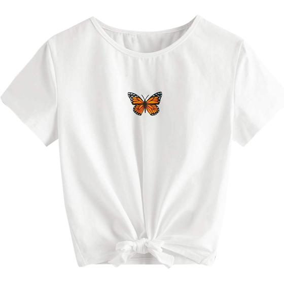 Romwe Girl's Casual Butterfly Print Short Sleeve Tie Knot Front T Shirt Tee Tops