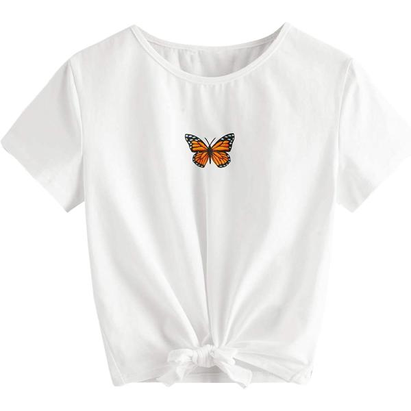 Romwe Girl's Casual Butterfly Print Short Sleeve Tie Knot Front T Shirt Tee Tops