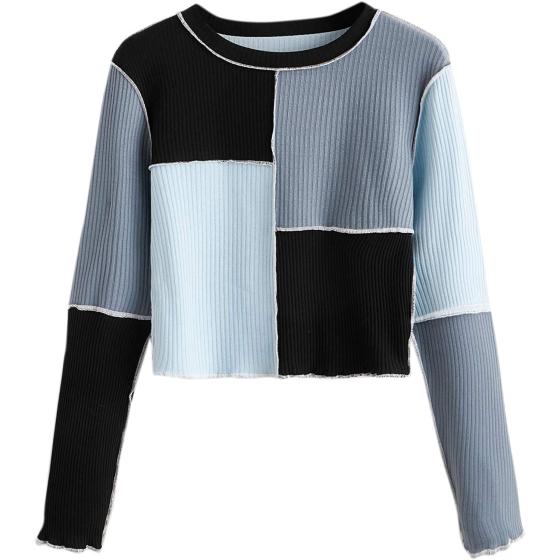 SheIn Women's Patchwork Color Block Crop Top Tees Long Sleeve Round Neck Ribbed Knit T Shirt