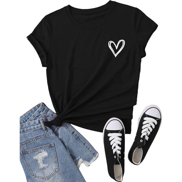 SweatyRocks Women's Heart Print T Shirts Summer Funny Short Sleeve Tops for Teen Girl