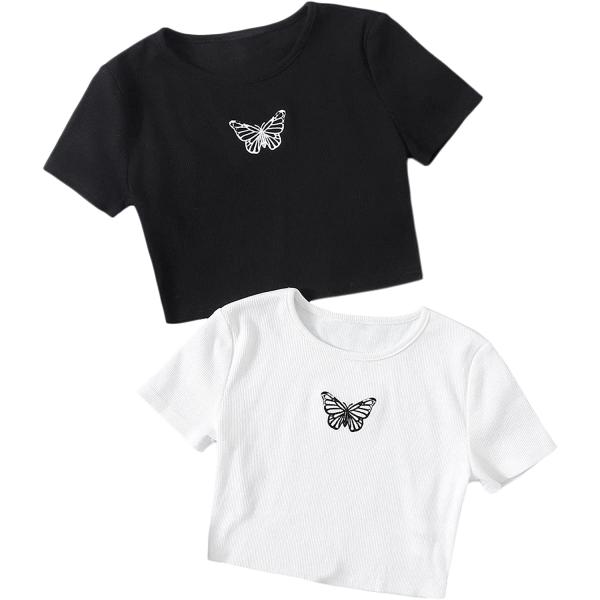 Romwe Girl's 2 Pack T Shirt Graphic Butterfly Print Short Sleeve Crop Tops