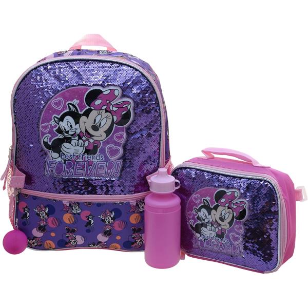 Disney Minnie Mouse Girls & Toddler 4 Piece Backpack Set, Flip Sequin School Bag with Front Zip & Side Mesh Side Pockets, Insulated Lunch Box, Water Bottle, and Squish Ball Dangle