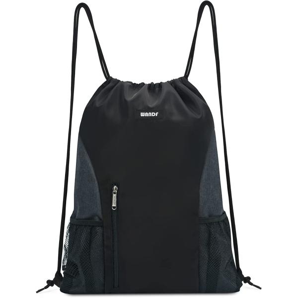 WANDF Drawstring Backpack Sports Gym Sackpack with Mesh Pockets Water Resistant String Bag for Women Men Children (Black)