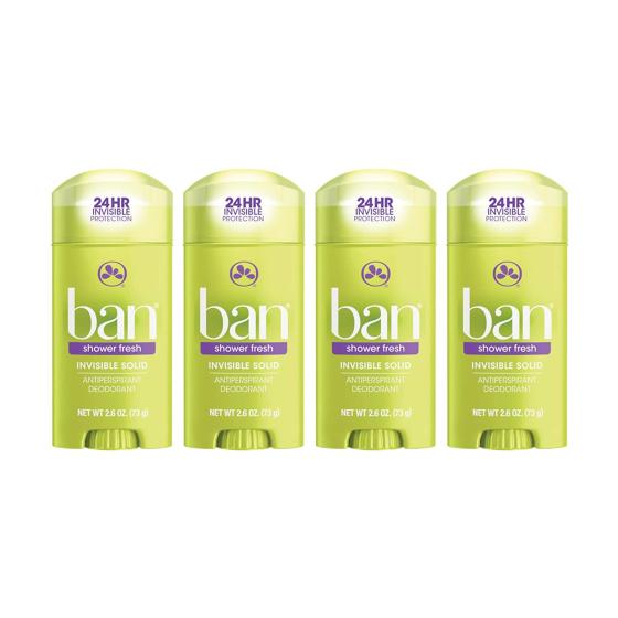 Ban Shower Fresh 24-hour Invisible Antiperspirant, Solid Deodorant for Women and Men, Underarm Wetness Protection, with Odor-fighting Ingredients, 2.6 Ounce (Pack of 4)