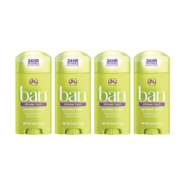Ban Shower Fresh 24-hour Invisible Antiperspirant, Solid Deodorant for Women and Men, Underarm Wetness Protection, with Odor-fighting Ingredients, 2.6 Ounce (Pack of 4)