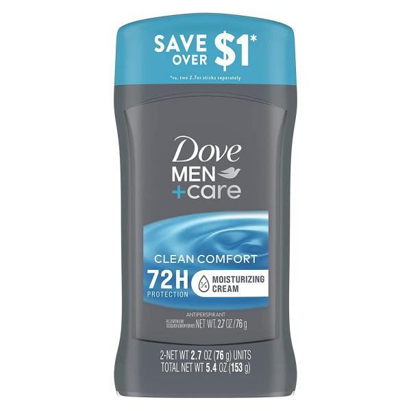 Dove Men+Care Antiperspirant Deodorant Stick Clean Comfort Twin Pack 72-Hour Sweat & Odor Protection Antiperspirant for Men With 1/4 Moisturizing Cream 2.7 oz