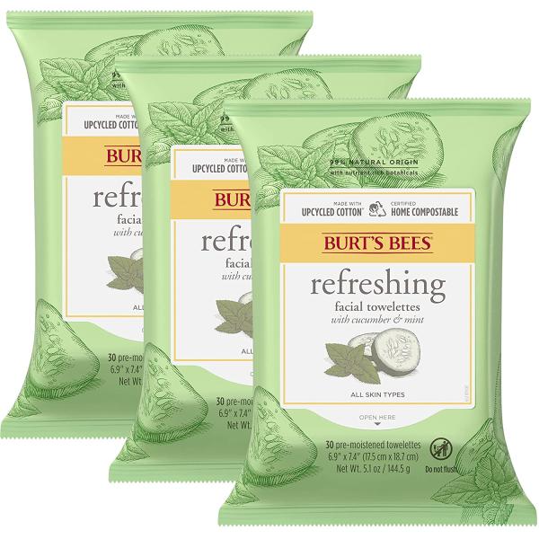 Burt's Bees Face Wipes Easter Basket Stuffers, Makeup Remover Facial Cleansing Towelettes for Sensitive Skin, Hydrating with Cucumber and Mint, 30 Count (Pack of 3)