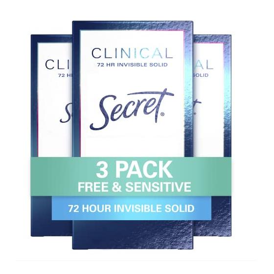 Secret Antiperspirant Clinical Strength Deodorant for Women, Invisible Solid, Sensitive Unscented, 1.6 Ounce (Pack of 3) (Packaging may Vary)