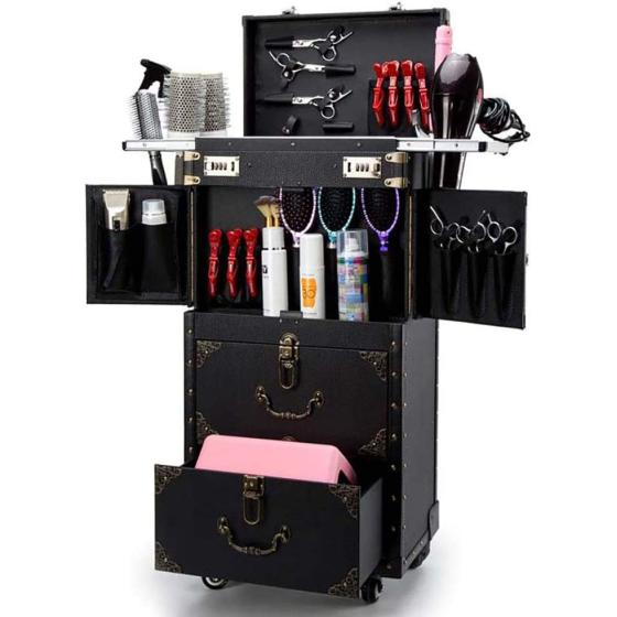 ASCASE Rolling Lockable Makeup Train Case Hairdressing Trolley Stylist Beauty Salon Cosmetic Luggage Travel Organizer Tool Box with Hair Dryer Holder