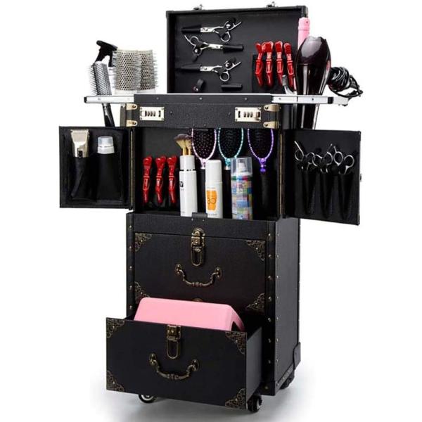 ASCASE Rolling Lockable Makeup Train Case Hairdressing Trolley Stylist Beauty Salon Cosmetic Luggage Travel Organizer Tool Box with Hair Dryer Holder