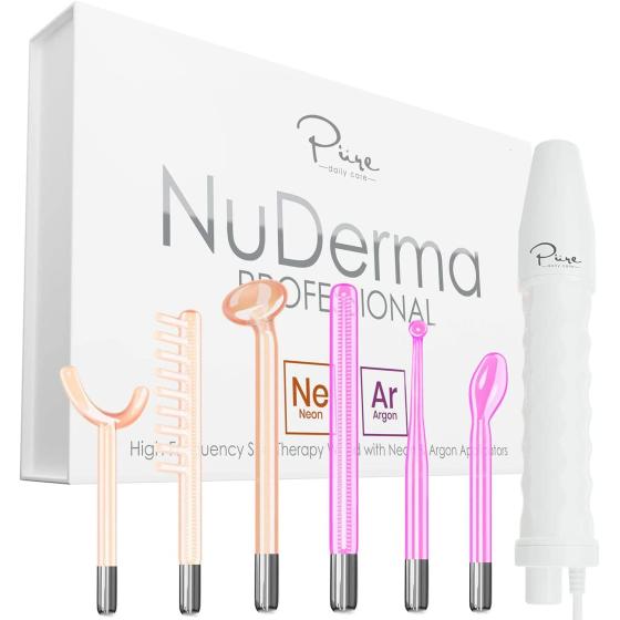 NuDerma Professional Skin Therapy Wand - Portable High Frequency Skin Therapy Machine with 6 Neon & Argon Wands – Boost Your Skin – Clear Firm & Tighten