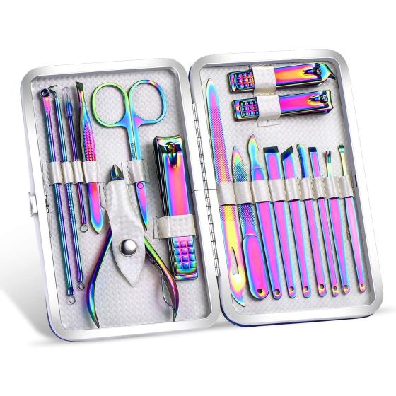 2020 New Rainbow Manicure Kits 18 Pcs Nail Clippers for Women Gift SFYDOM Women's Rainbow Leather Manicure Set (18-RainbowManicure Kits)