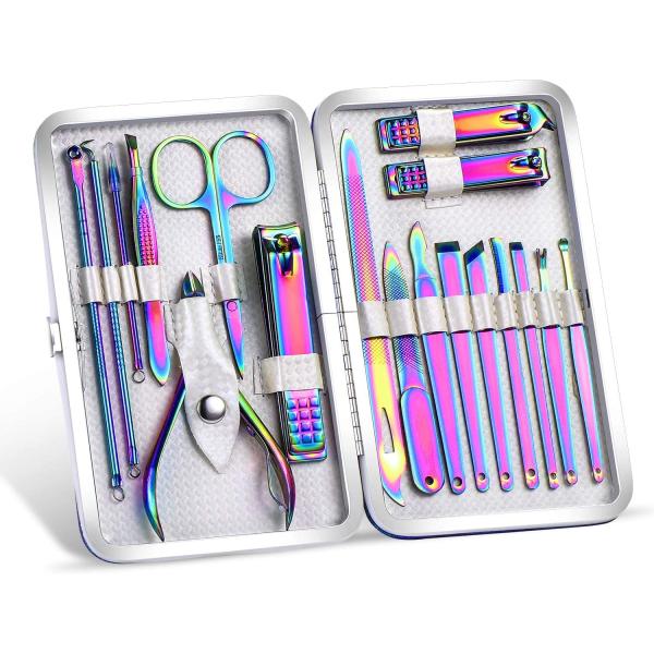 2020 New Rainbow Manicure Kits 18 Pcs Nail Clippers for Women Gift SFYDOM Women's Rainbow Leather Manicure Set (18-RainbowManicure Kits)