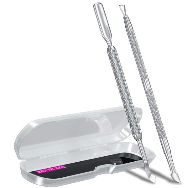 2PCS Metal Silver Cuticle Pusher and Cutter Remover Salon Quality Stainless Steel Acetone Gel Nail Polish Peeler Scraper Durable Professional Manicure Pedicure Cleaner Tool For Fingernail and Toenail