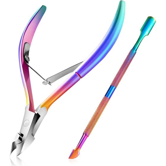 Easkep Cuticle Trimmer with Cuticle Pusher, Cuticle Remover Professional Stainless Steel Cuticle Cutter Nippers Rainbow Sharp Durable Pedicure Manicure Tools for Fingernails and Toenails