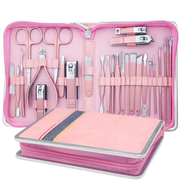26 in 1 Manicure Set - Professional Manicure Kit Pedicure Kit, Stainless Steel Nail Clippers Set Nail Care Kit with Travel Case Pink