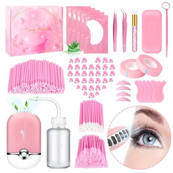 487PCS Eyelash Extension Kit Lash Extension Supplies for Beginners and Professionals, Lash Lift Eyelash Perm, Including Mini Fan Lash Dryer, Tweezers, Glue Rings, Mascara Brushes, Eye Gel Pads