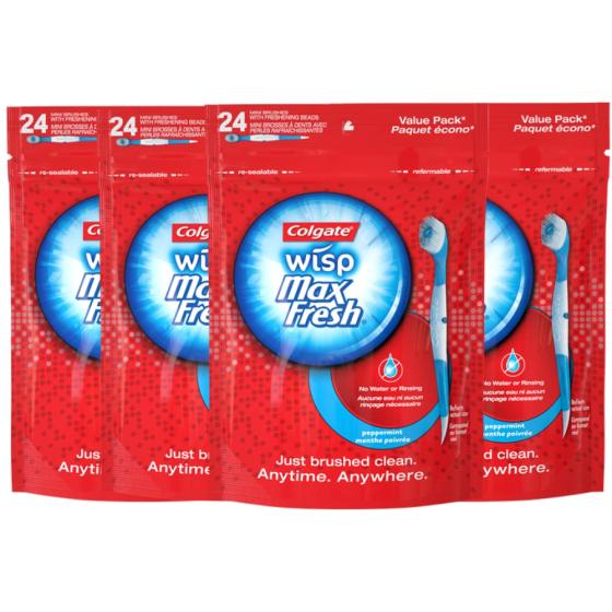 Colgate Max Fresh Wisp Disposable Mini Travel Toothbrushes, Peppermint, 24 Count (Pack of 4)