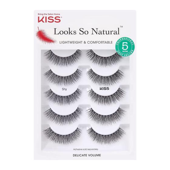 KISS Looks So Natural False Eyelashes Multipack, Lightweight & Comfortable, Tapered End Technology, Reusable, Cruelty-Free, Contact Lens Friendly, Style 'Shy', 5 Pairs Fake Eyelashes
