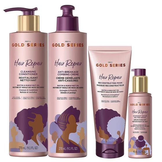 Pantene Gold Series Hair Mask, Anti-Breakage Combing Crème, Overnight Repair Serum, and Cleansing Conditioner, with Biotin & Kukui Nut, for Natural, Curly and Coily, Textured Hair, 815 milliliters