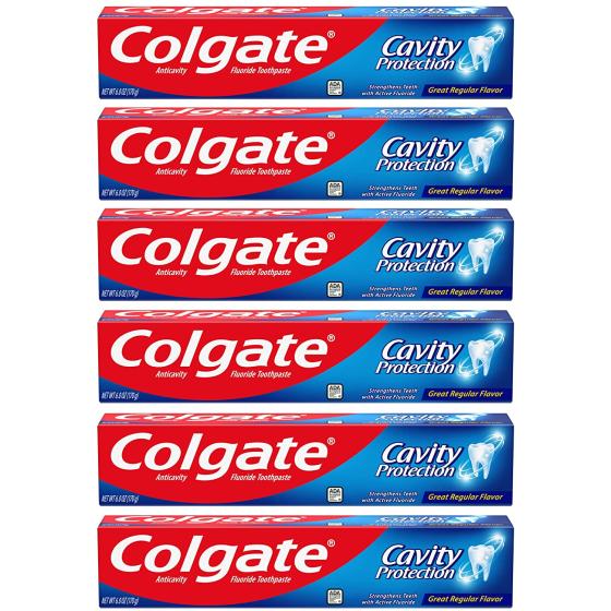 Colgate Cavity Protection Toothpaste with Fluoride, Great Regular Flavor, 6 Ounce (Pack of 6)