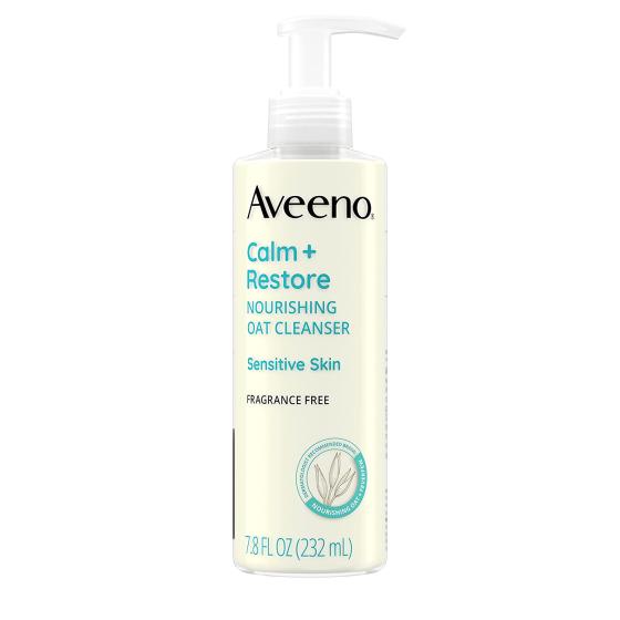 Aveeno Calm + Restore Nourishing Oat Face Cleanser for Sensitive Skin, Gentle Milky Cleanser with Nourishing Oat & Feverfew, to Preserve Skin's Moisture Barrier, Fragrance-Free, 7.8 fl. oz
