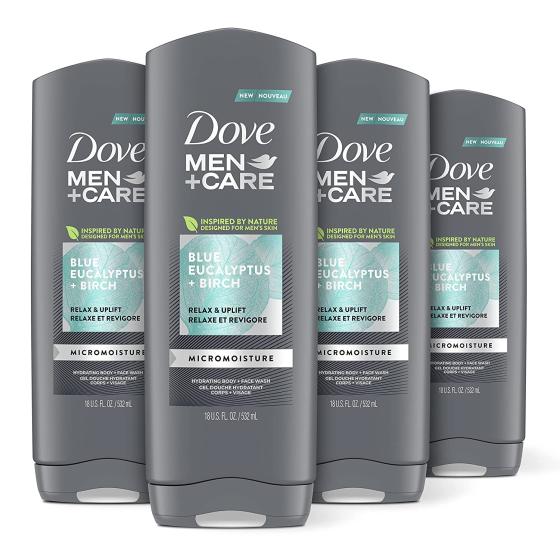 Dove Men+Care Mens Body Wash Blue Eucalyptus and Birch 4 Count Dry Skin Body Wash with Micromoisture, Effectively Washes Away Bacteria While Nourishing Your Skin, 18 oz