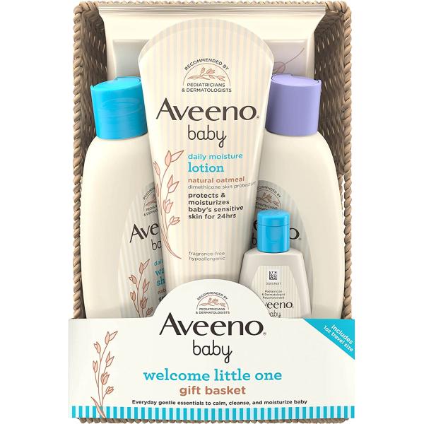 Aveeno Baby Welcome Little One Gift Basket, Baby Skincare Set with Baby Body Wash & Shampoo, Calming Bath Wash, All Over Baby Wipes, & Daily Moisturizing Lotion, 5 Items