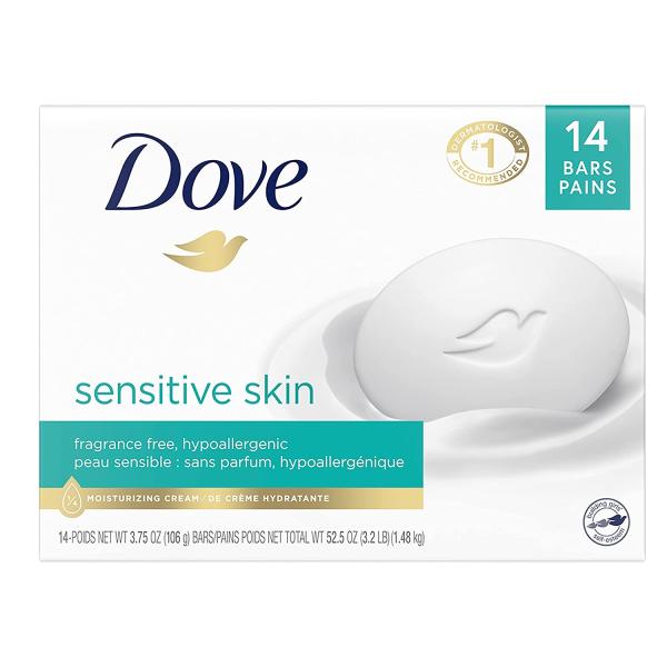 Dove Beauty Bar More Moisturizing Than Bar Soap for Softer Skin, Fragrance-Free, Hypoallergenic Beauty Bar Sensitive Skin With Gentle Cleanser 3.75 oz, 14 Bars