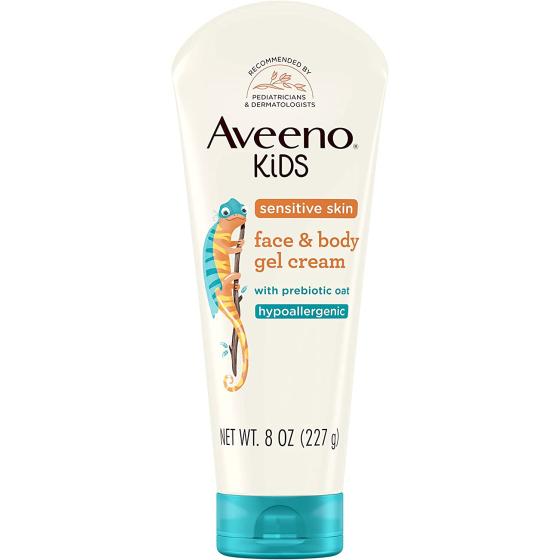 Aveeno Sensitive Skin Face & Body Gel Cream for Kids with Prebiotic Oat, Clinically Proven 24 Hour Hydration for Soft Skin, Quick Drying and Lightweight, Hypoallergenic, 8 oz