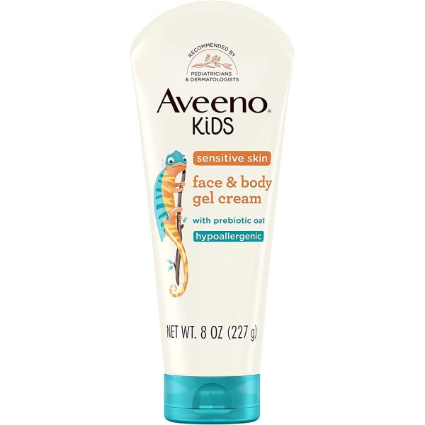 Aveeno Sensitive Skin Face & Body Gel Cream for Kids with Prebiotic Oat, Clinically Proven 24 Hour Hydration for Soft Skin, Quick Drying and Lightweight, Hypoallergenic, 8 oz