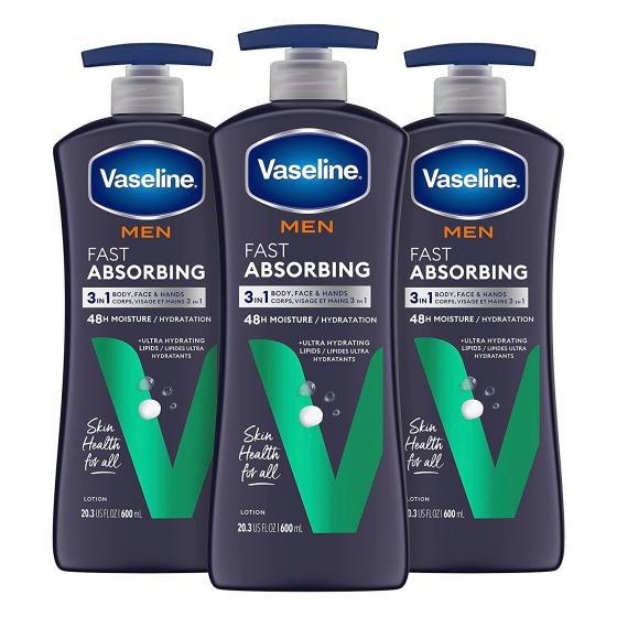 Vaseline Men's Healing Moisture Hand & Body Lotion For Dry or Cracked Skin Fast Absorbing Non-Greasy Lotion for Men 20.3 oz, Pack of 3