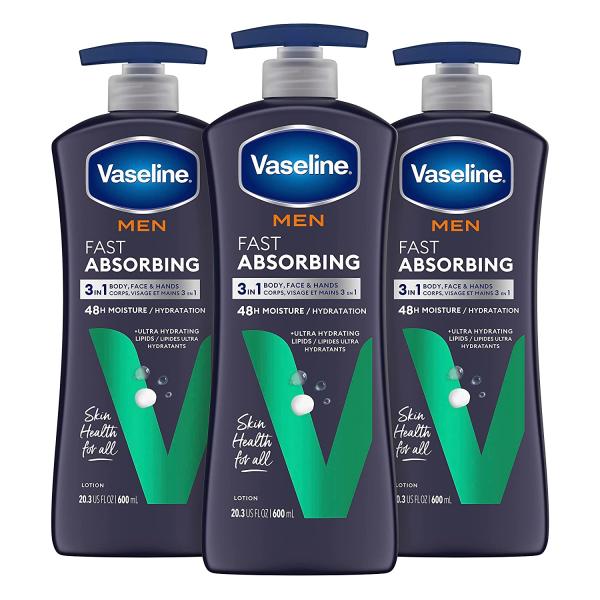 Vaseline Men's Healing Moisture Hand & Body Lotion For Dry or Cracked Skin Fast Absorbing Non-Greasy Lotion for Men 20.3 oz, Pack of 3