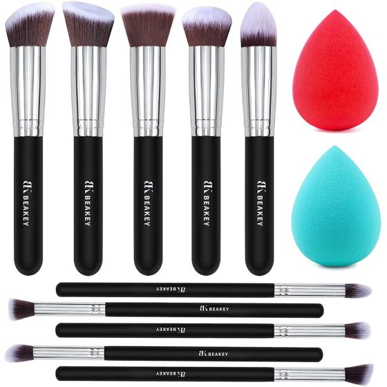 BEAKEY Makeup Brushes 12Pcs Makeup Kit, Premium Synthetic Kabuki Foundation Face Powder Concealers Blush Eyeshadow Brushes Makeup Brush Set, with 2pcs Blender Sponges (Black/Silver,12 Piece Set)