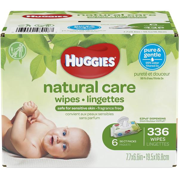 HUGGIES Natural Care Unscented Baby Wipes, Sensitive, Water-Based, 6 Flip-top Packs, 56 Count (Pack of 6)
