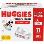 Baby Wipes, Unscented, Huggies Simply Clean Fragrance-Free Baby Diaper Wipes, 11 Flip Lid Packs (704 Wipes Total)