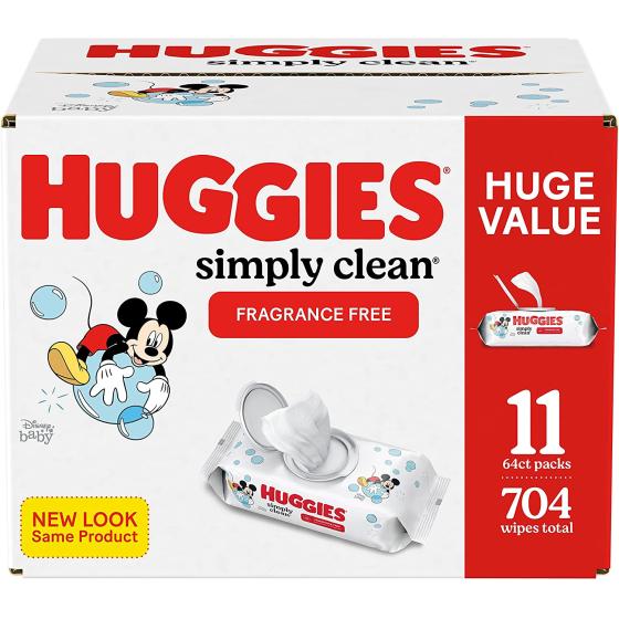 Baby Wipes, Unscented, Huggies Simply Clean Fragrance-Free Baby Diaper Wipes, 11 Flip Lid Packs (704 Wipes Total)