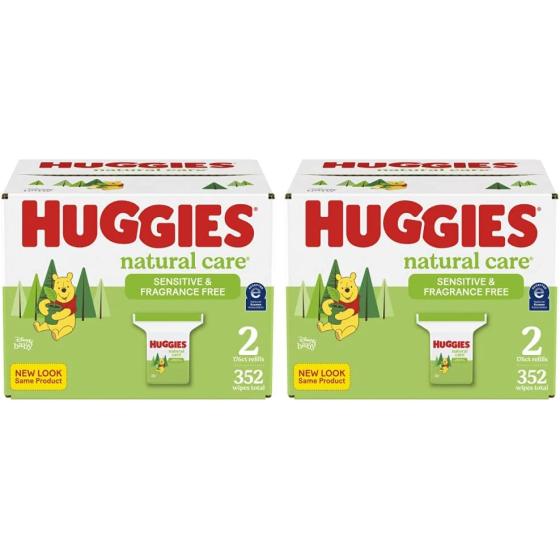 Sensitive Baby Wipes, Huggies Natural Care Baby Diaper Wipes, Unscented, Hypoallergenic, 99% Purified Water, 2 Refill Packs, 176 Count (Pack of 4) (704 Wipes Total)